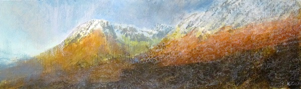 354 'Late colours, the Bridge of Orchy Hills, December', Acrylic & Pastel, 2015, 76 x 23 cm