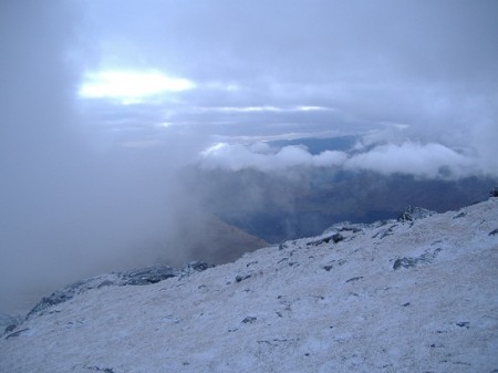 Near the summit of Ben Ime, a break in the cloud